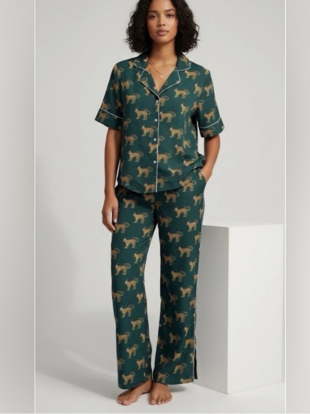 Bouffants & Broken Hearts Green Leopard Pajama Set, Size S
